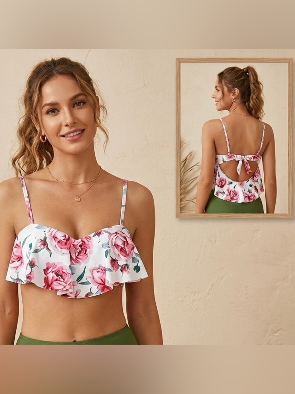 PatPat Floral Underwire Bikini Swimsuit Top with Ruffle Sleeves Womens Size L